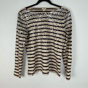 J Crew Cream & Black Striped Sequined Top Coastal  Grandma Nautical Preppy Small
